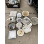 AN ASSORTMENT OF CERAMIC PLANT POTS, A WATERING CAN AND A LIDDED JAR ETC