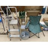AN ASSORTMENT OF ITEMS TO INCLUDE A GALVANISED MOP BUCKET, A STEP LADDER AND A FOLDING CHAIR