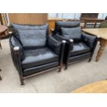 TWO THEODORE ALEXANDER (LONDON) BLACK LEATHER CLUB/RECEPTION CHAIRS IN BLACK LEATHER ON TUBULAR