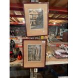 TWO WOODEN FRAMED PICTURES OF OLD ENGLAND ONE ENTITLED BOOKSELLERS ROW AND THE THE HOSTELRY