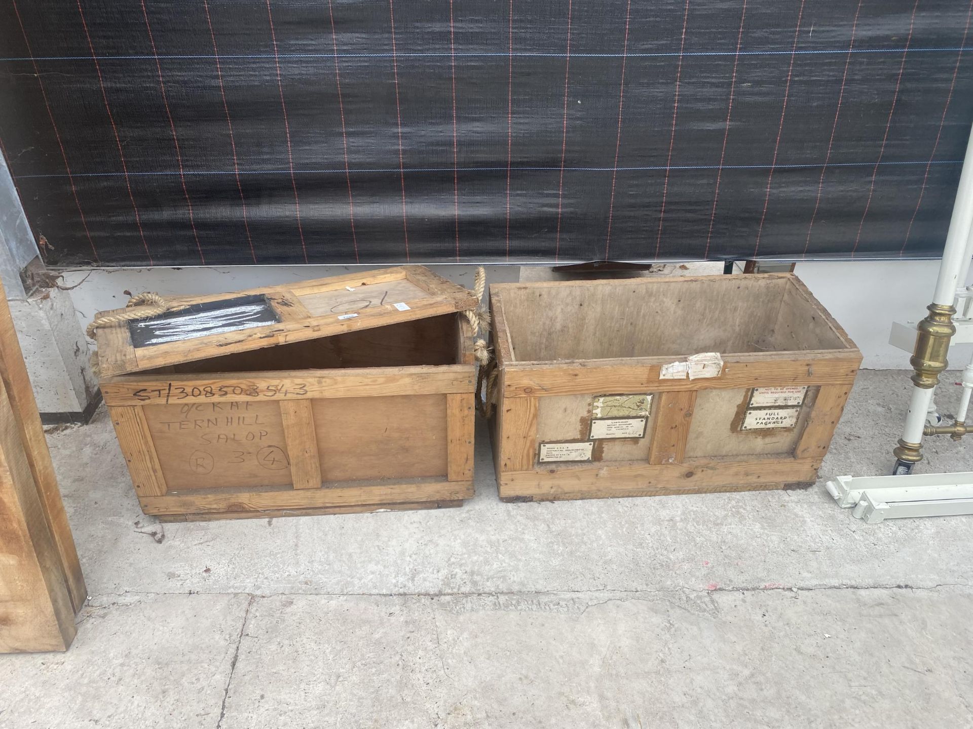TWO WOODEN STORAGE CHESTS ONE WITH A LID