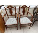 A PAIR OF EDWARDIAN BEECH INLAID ELBOW CHAIRS