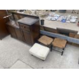 AN ERCOL STYLE TELEPHONE TABLE/SEAT AND THREE SMALL STOOLS