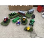 AN ASSORTMENT OF CHILDRENS FARM TOYS TO INCLUDE TRACTORS AND TANKERS ETC