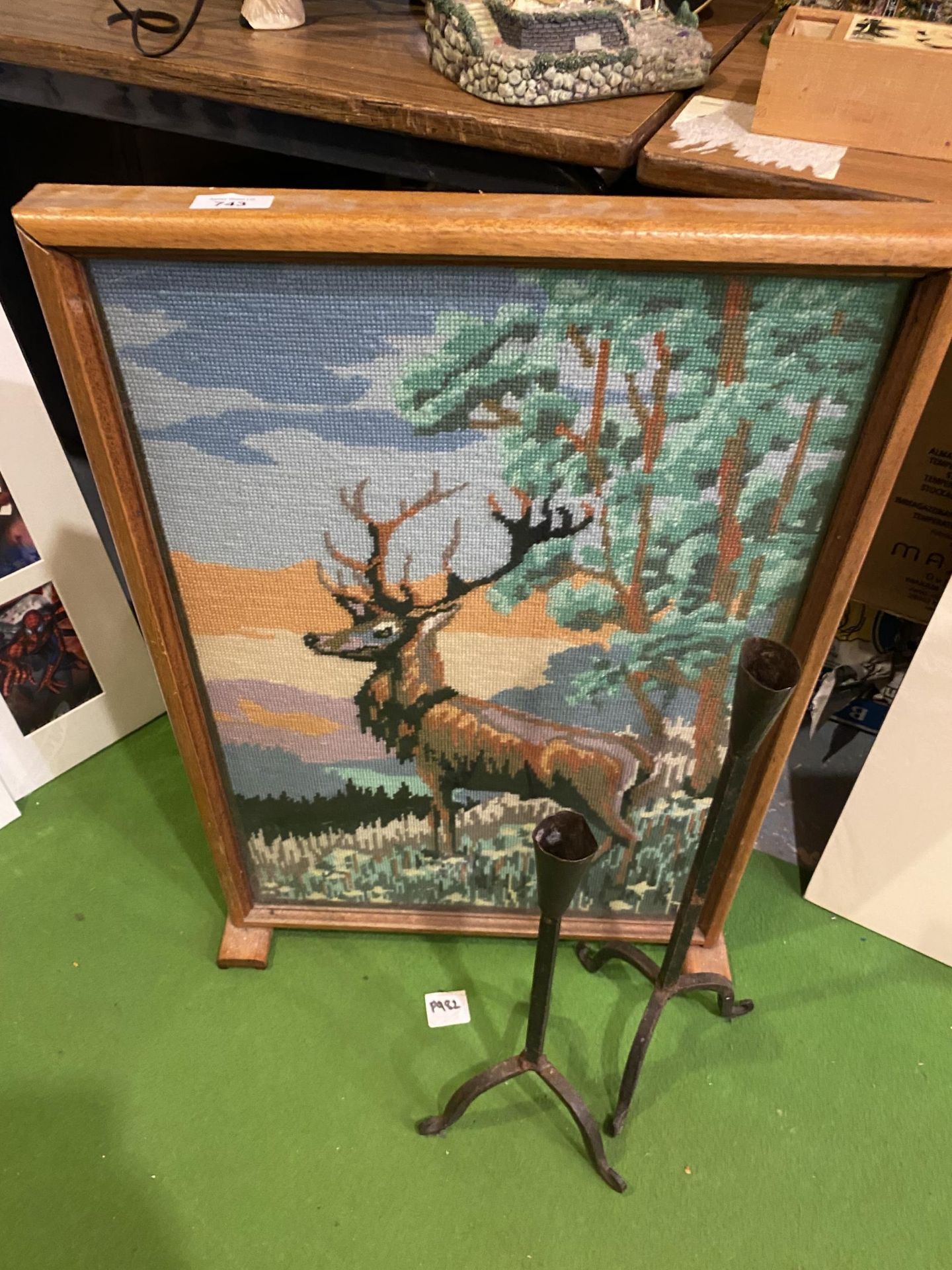 A FIRE SCREEN WITH A TAPESTRY OF A STAG AND TWO RUSTIC IRON CANDLE HOLDERS - Image 3 of 3