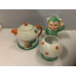 A SHELLEY MABEL LUCIE ATTWELL BOO BOO TEA SET COMPRISING A TEAPOT, SUGAR BOWL AND MILK JUG