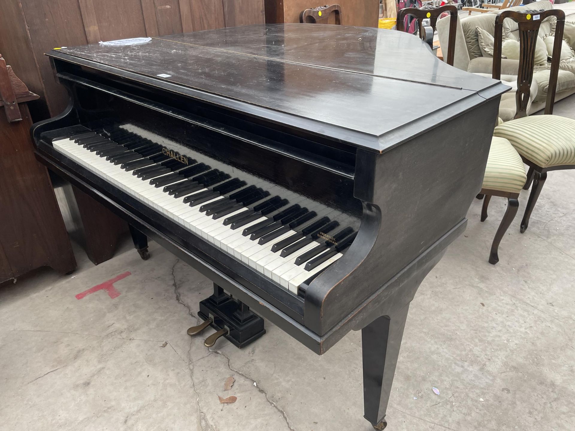 AN EBONISED CHALLEN BABY GRAND PIANO (CHALLEN LONDON EST 1804), 53" IN LENGTH