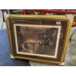 A GILT FRAMED LIMITED EDITION 394/500 PRINT OF A FAIRGROUND STREET SCENE SIGNED TOM BROWN