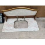 A VINTAGE MARBLE WASH BASIN TOP WITH BRASS TAPS AND SPLASH BACK