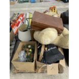 AN ASSORTMENT OF HOUSEHOLD CLEARANCE ITEMS TO INCLUDE CHRISTMAS ITEMS, A SUITCASE AND A TEDDY BEAR