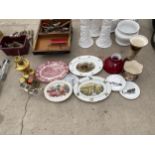 AN ASSORTMENT OF ITEMS TO INCLUDE CERAMIC PLATES, A BRASS WHEEL HUB, AND A BRASS OIL LAMP ETC