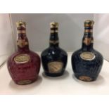 THREE COLOURED ROYAL SALUTE WHISKY BOTTLES