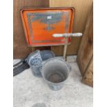 FOUR VINTAGE ITEMS - A A GALVANISED BUCKET AND MOP BUCKET, A COPPER POSSER AND A FOLDING TRAY