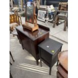 A MAHOGANY SIDE-CABINET, SWING FRAME MIRROR AND SEWING BOX ON LEGS