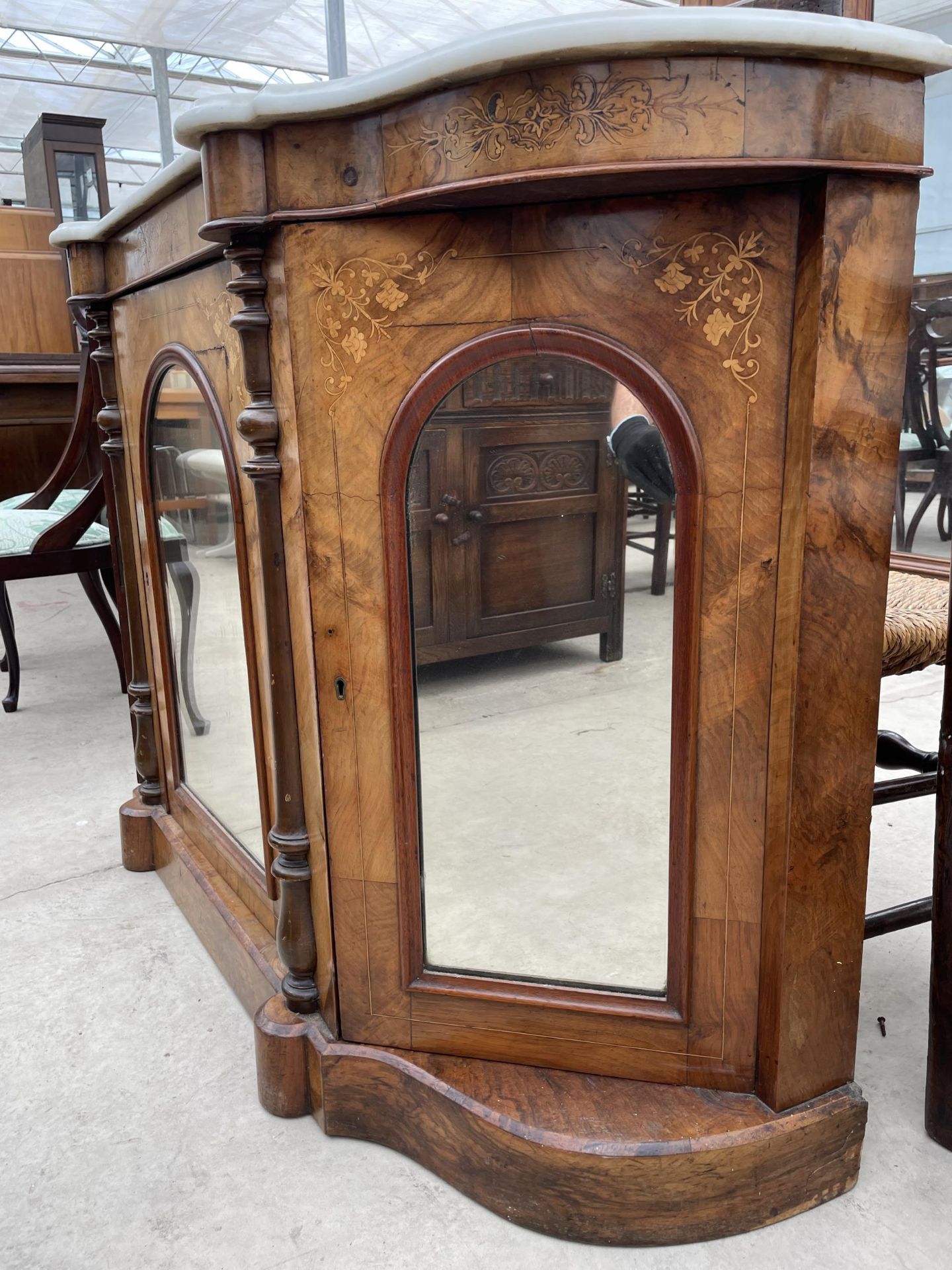 A VICTORIAN WALNUT AND INLAID CREDENZA WITH FOUR ARCHED MIRRORED DOORS AND MARBLE TOP, 54" WIDE - Image 4 of 4