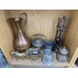 AN ASSORTMENT OF ITEMS TO INCLUDE A BRASS HORSE AND CART, A COPPER JUG AND A FIRESIDE COMPANION