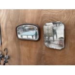 AN ART DECO UNFRAMED MIRROR ALONG WITH A FURTHER VINTAGE WOODEN MIRROR BEARING THE MAKERS NAME "