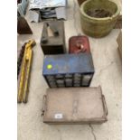 A VINTAGE FUEL CAN WITH BRASS TOP, TWO STOARGE CONTAINERS AND A FURTHER FUEL CAN