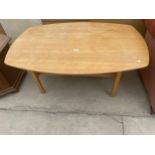 A MODERN BEECH COFFEE TABLE ON BENTWOOD BASE WITH GLASS UNDER SHELF