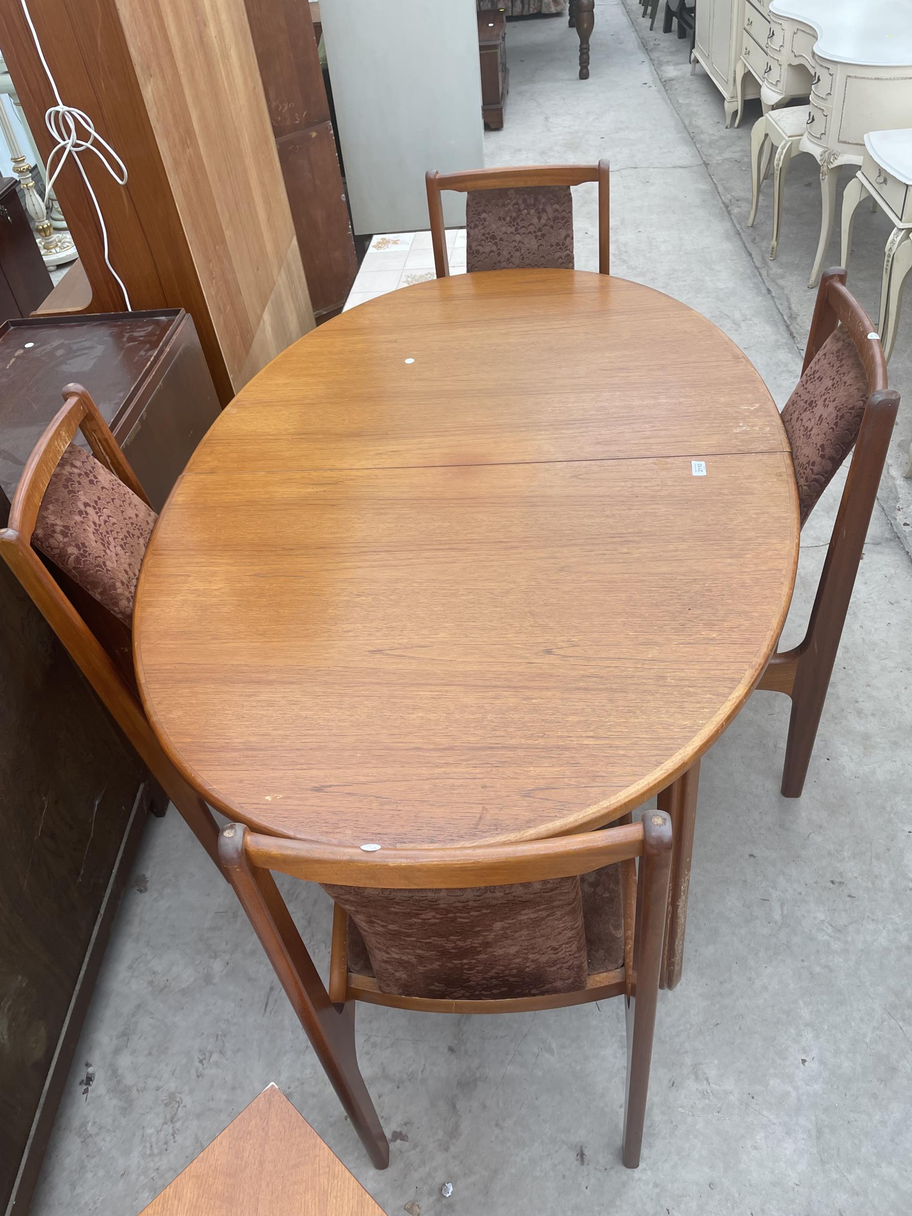 A RETRO TEAK EXTENDING DINING TABLE 62"X43" WITH AN EXTENDING LEAF AT 18" AND FOUR CHAIRS