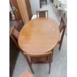 A RETRO TEAK EXTENDING DINING TABLE 62"X43" WITH AN EXTENDING LEAF AT 18" AND FOUR CHAIRS