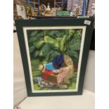 A MOUNTED PRINT OF A GARDEN SCENE WITH A CHAIR, CLOTHES AND A BOOK.