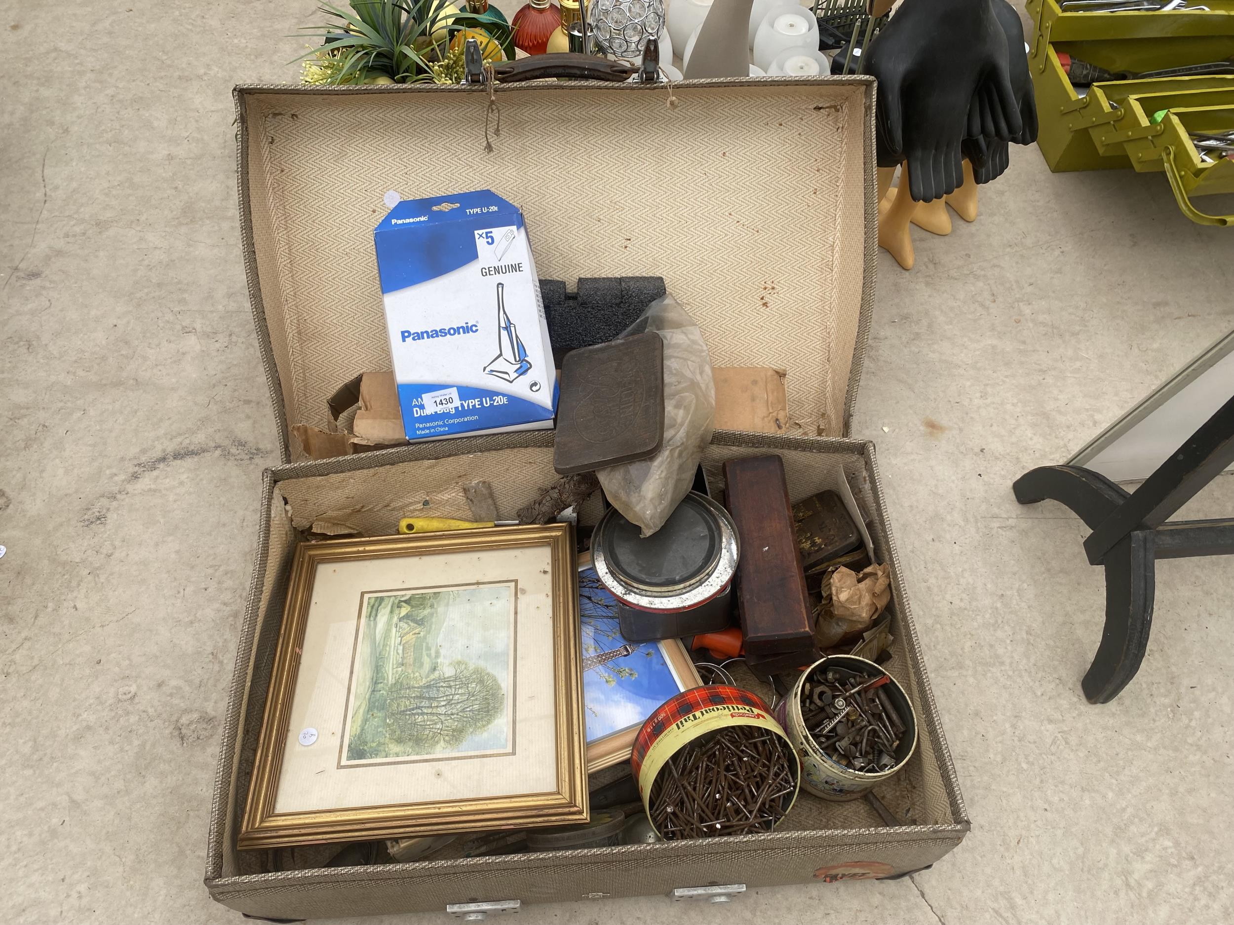 AN ASSORTMENT OF ITEMS TO INCLUDE A TRAVEL TRUNK, SHARPENING STONE AND HARDWARE ETC