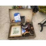 AN ASSORTMENT OF ITEMS TO INCLUDE A TRAVEL TRUNK, SHARPENING STONE AND HARDWARE ETC