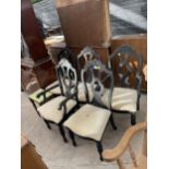 FIVE VICTORIAN STYLE BLACK PAINTED DINING CHAIRS, TWO BEING CARVERS AND A SMALL TABLE WITH MARBLE