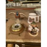 A BESWICK PHEASANT A/F, A HUMMEL BOY WITH RABBITS A TANKARD AND A SMALL BAROMETER