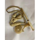 THREE BONE ITEMS TO INCLUDE A RATTLE, CHEROOT HOLDER AND A NECKLACE
