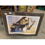 A MOUNTED PRINT OF A CLASSICAL PIANO AND HARP SIGNED RAYMOND K BOYES