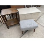 AN OAK TWO TIER LAMP TABLE, A FOOT STOOL AND A PAINTED BLANKET CHEST