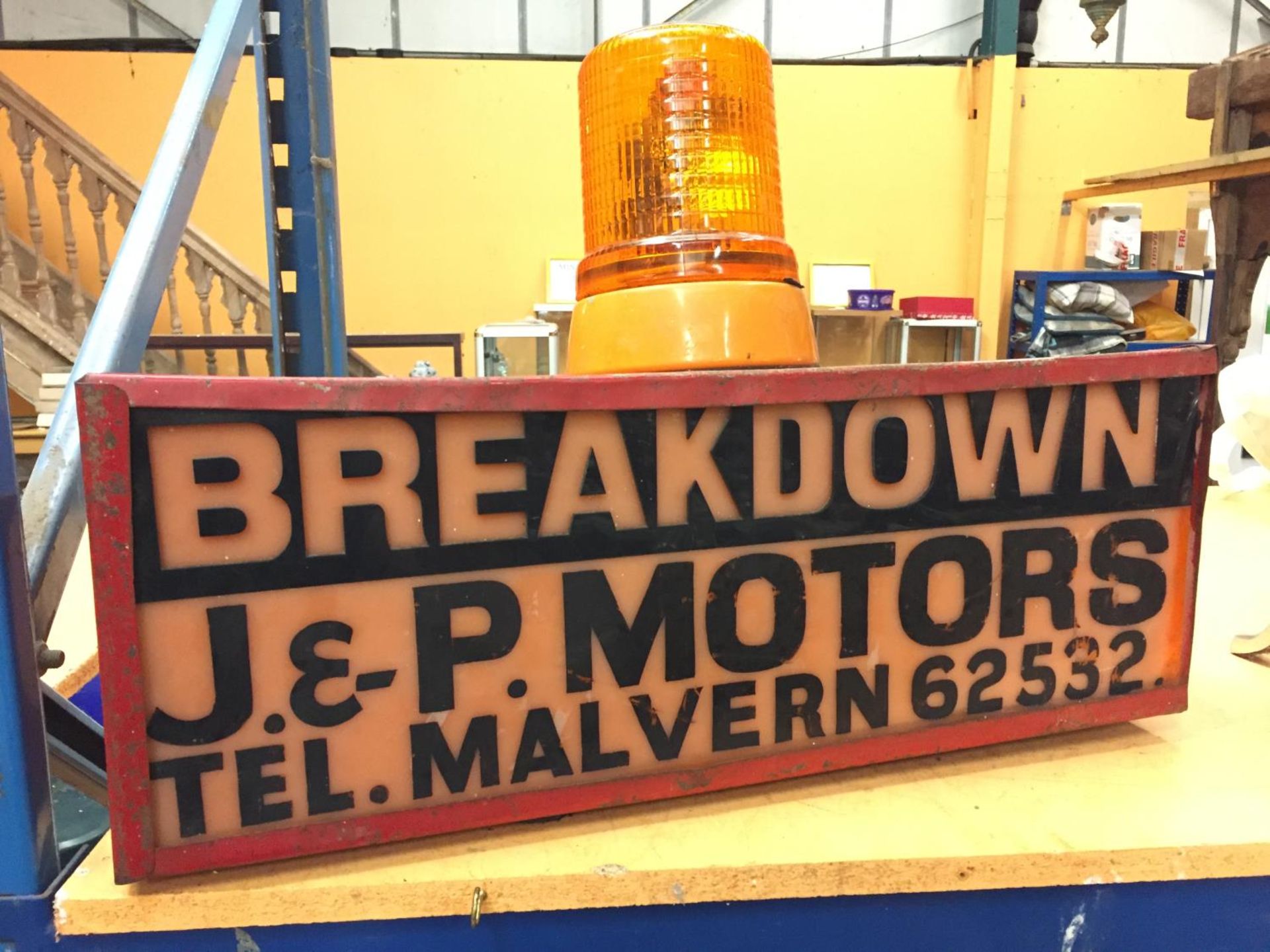 A BREAKDOWN J & P MOTORS MALVERN ILLUMINATED LIGHT BOX SIGN