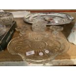 FOUR PIECES OF GLASSWARE TO INCLUDE CANDLE HOLDERS, A TRAY AND A TRINKET BOX