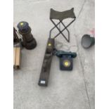 A VINTAGE 1960'S TELEPHONE, A VINTAGE WOOD PLANE AND A SMALL STOOL