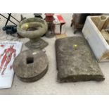 THREE VARIOUS STONE AND STONE EFFECT ITEMS TO INCLUDE A SHARPENING STONE AND A COPING STONE ETC