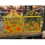 TWO HANDMADE VIBRANT BOXES, ONE FOR GARDEN TOOLS