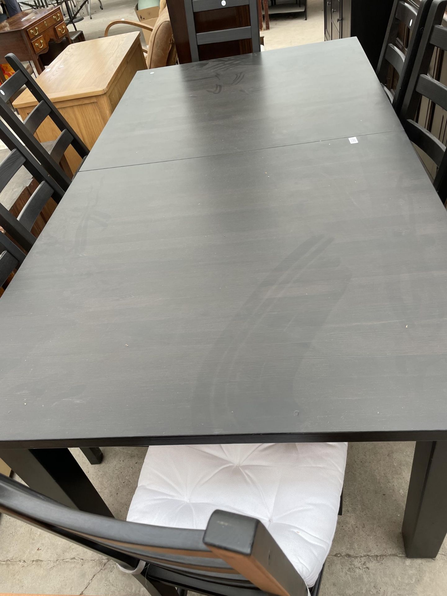 A MODERN KAUSTBY BLACK DINING TABLE, 80 X 42", COMPLETE WITH TWO LEAVES, 18" WIDE AND EIGHT - Image 3 of 3