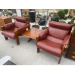 A PAIR OF RETRO RED LEATHER EASY CHAIRS BY POST & RAIL (AUSTRALIA) WITH PINE FRAMES AND MATCHING
