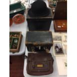 THREE VINTAGE LEATHER ITEMS TO INCLUDE A HAT BOX WITH BOWLER HAT, A SATCHELL AND A BOX SHAPED BAG