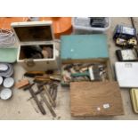 THREE VINTAGE WOODEN STORAGE CHESTS TO INCLUDE HAND TOOLS AND BRANDED SHOE SHINING BRUSHES ETC