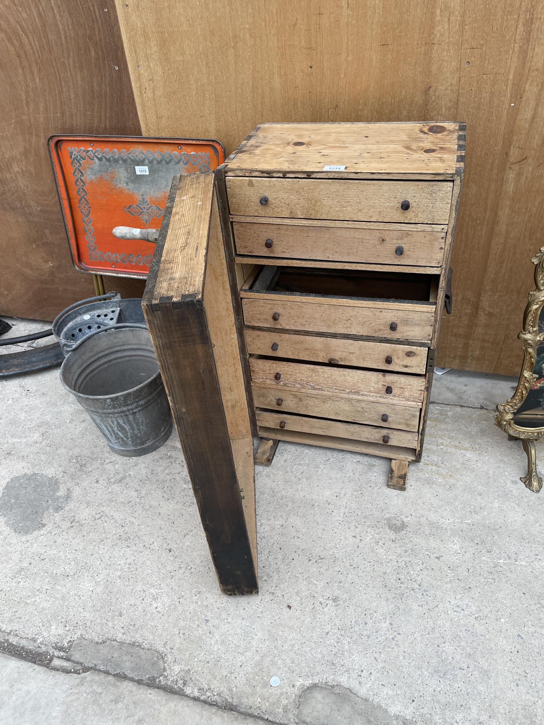 A VICTORIAN PINE LARGE VINTAGE JOINER'S CHEST WITH VARIOUS TOOLS SUCH AS G-CLAMP , VINTAGE SPIRIT