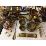 A LARGE QUANTITY OF BRASSWARE TO INCLUDEPLANTERS, COAT RACK, MICE, WOODEN HORSE CART, WATERING CAN