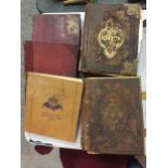 A COLLECTION OF FIVE BOOKS TO INCLUDE TWO LARGE BRASS BOUND OLD LEATHER BIBLES, VOLUMES 1 & 2 OF