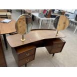 A G-PLAN E-GOMME RETRO TEAK DRESSING TABLE WITH FOUR DOORS AND TWO CIRCULAR UPPER MIRRORS - 59" WIDE