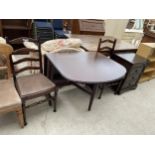 A MODERN MAHOGANY EFFECT DROP LEAF DINING TABLE AND A PAIR OF LADDERBACK CHAIRS AND STEREO