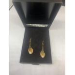 A APIR OF 9 CARAT GOLD AND PEARL EARRINGS IN A LILY DESIGN WITH A PRESENTATION BOX