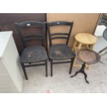 TWO KITCHEN CHAIRS, AND A TRIPOD WINE TABLE AND STOOL
