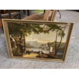 A FRAMED PAINTING OF AN ASIAN RIVER SCENE